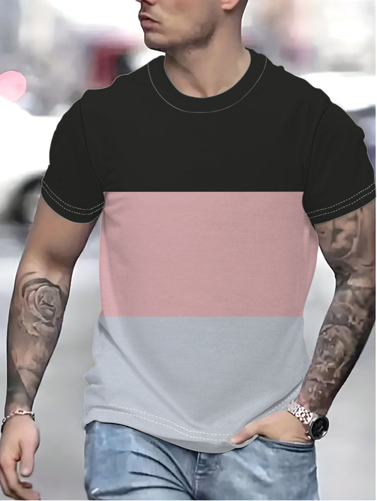 Men's three-color contrasting simple and fashionable daily versatile casual round neck T-shirt