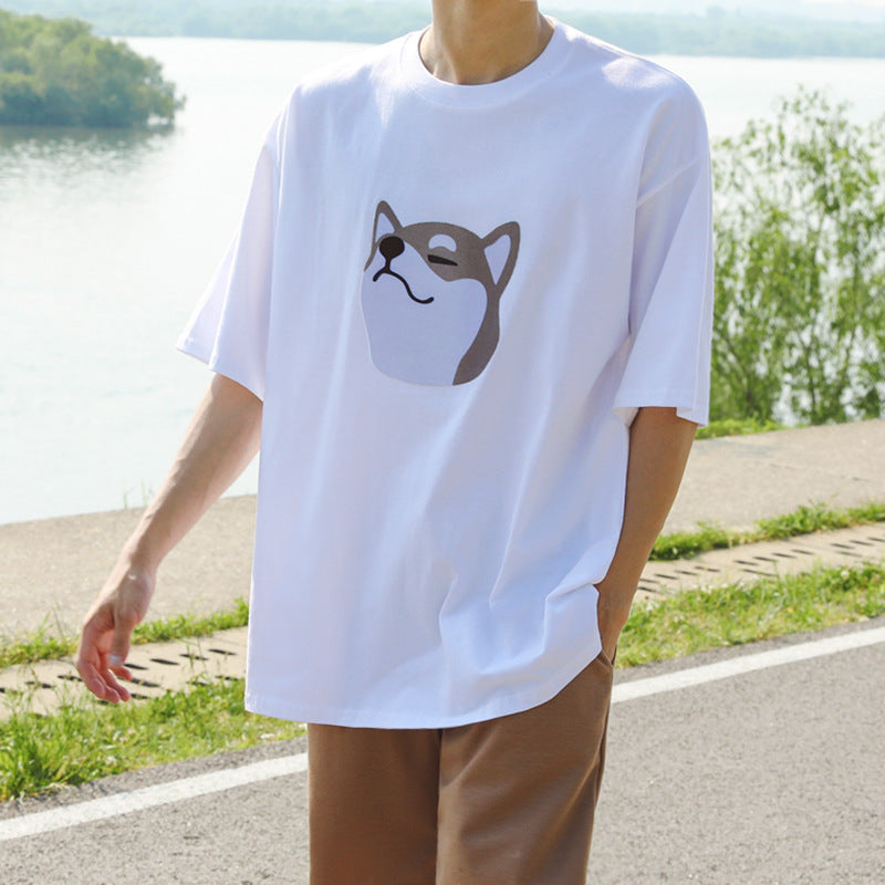 Men's Japanese retro dog head print short-sleeved T-shirt