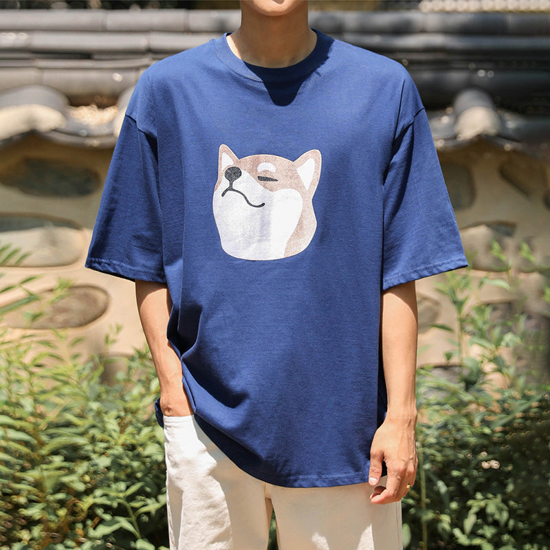 Men's Japanese retro dog head print short-sleeved T-shirt