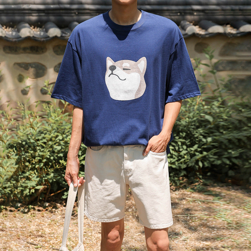 Men's Japanese retro dog head print short-sleeved T-shirt