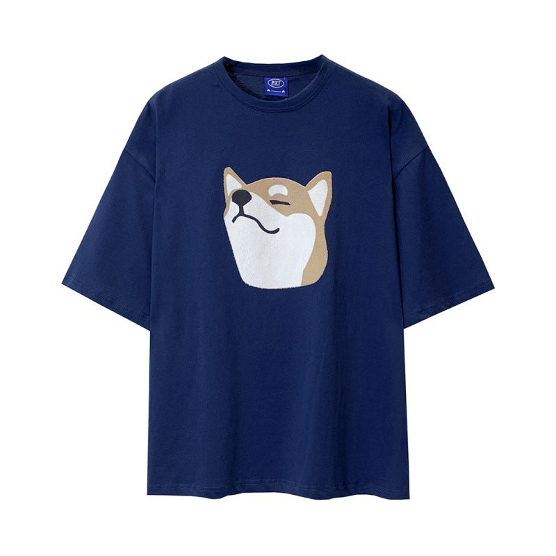 Men's Japanese retro dog head print short-sleeved T-shirt