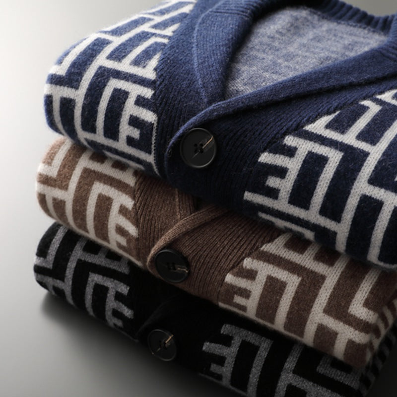 Color Jacquard Button Thick Cardigan Sweater