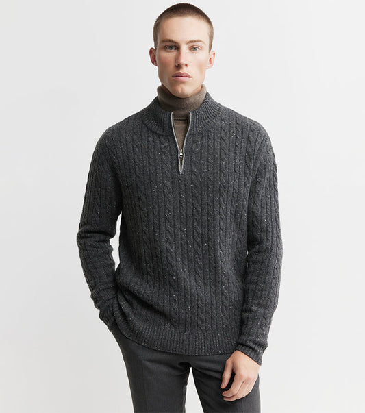 Mens Cashmere Cable Quarter Zip Sweater - Charcoal Donegal/Dark Grey Melange
