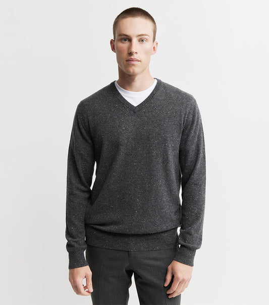 Mens Essential Cashmere V Sweater - Charcoal Donegal