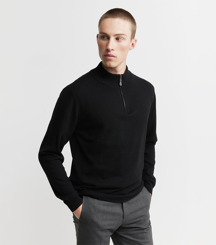 Mens Essential Cashmere Quarter Zip Sweater - Black/Navy