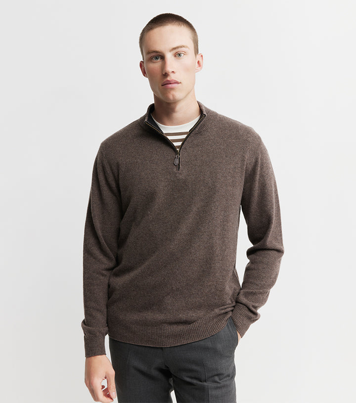 Mens Essential Cashmere Quarter Zip Sweater - Brown Melange