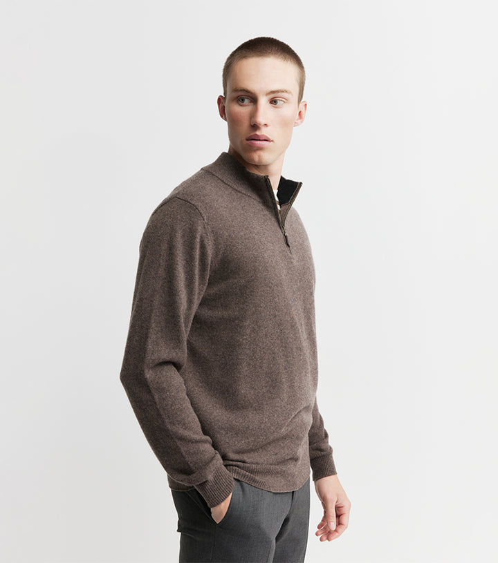 Mens Essential Cashmere Quarter Zip Sweater - Brown Melange