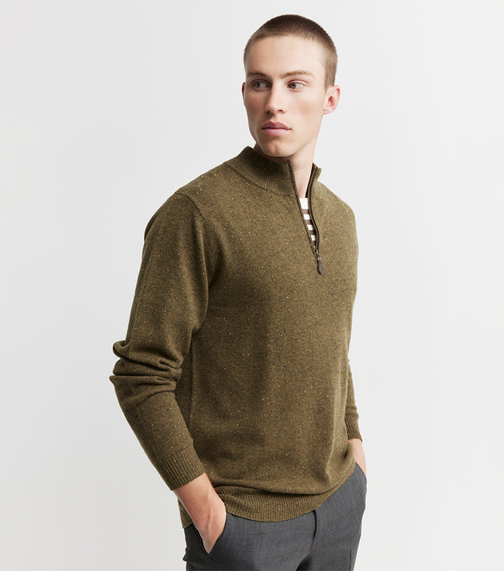 Mens Essential Cashmere Quarter Zip Sweater - Moss/Cacao