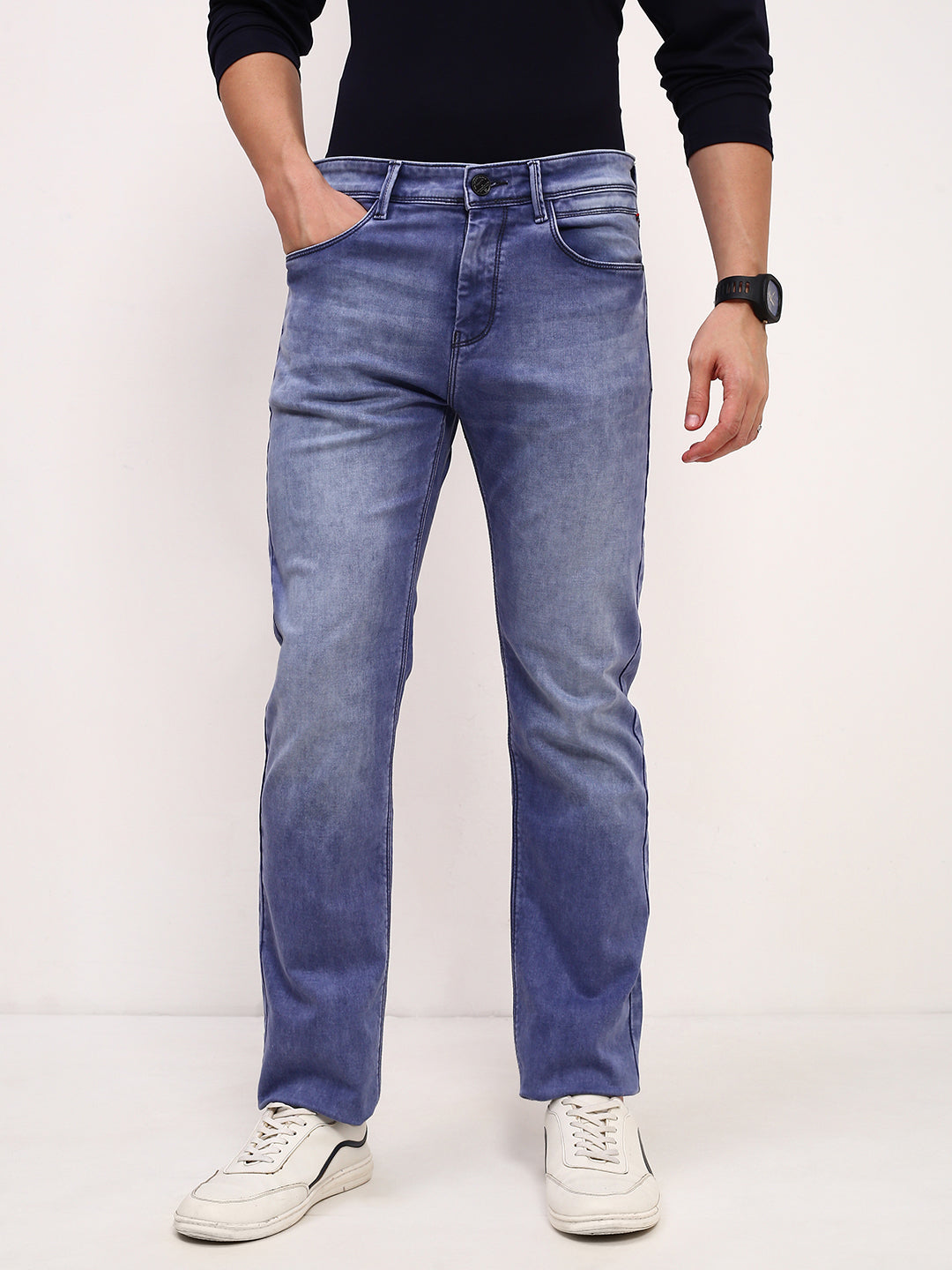 Men's Blue Solid Straight Fit Low-Rise Stretchable Jeans