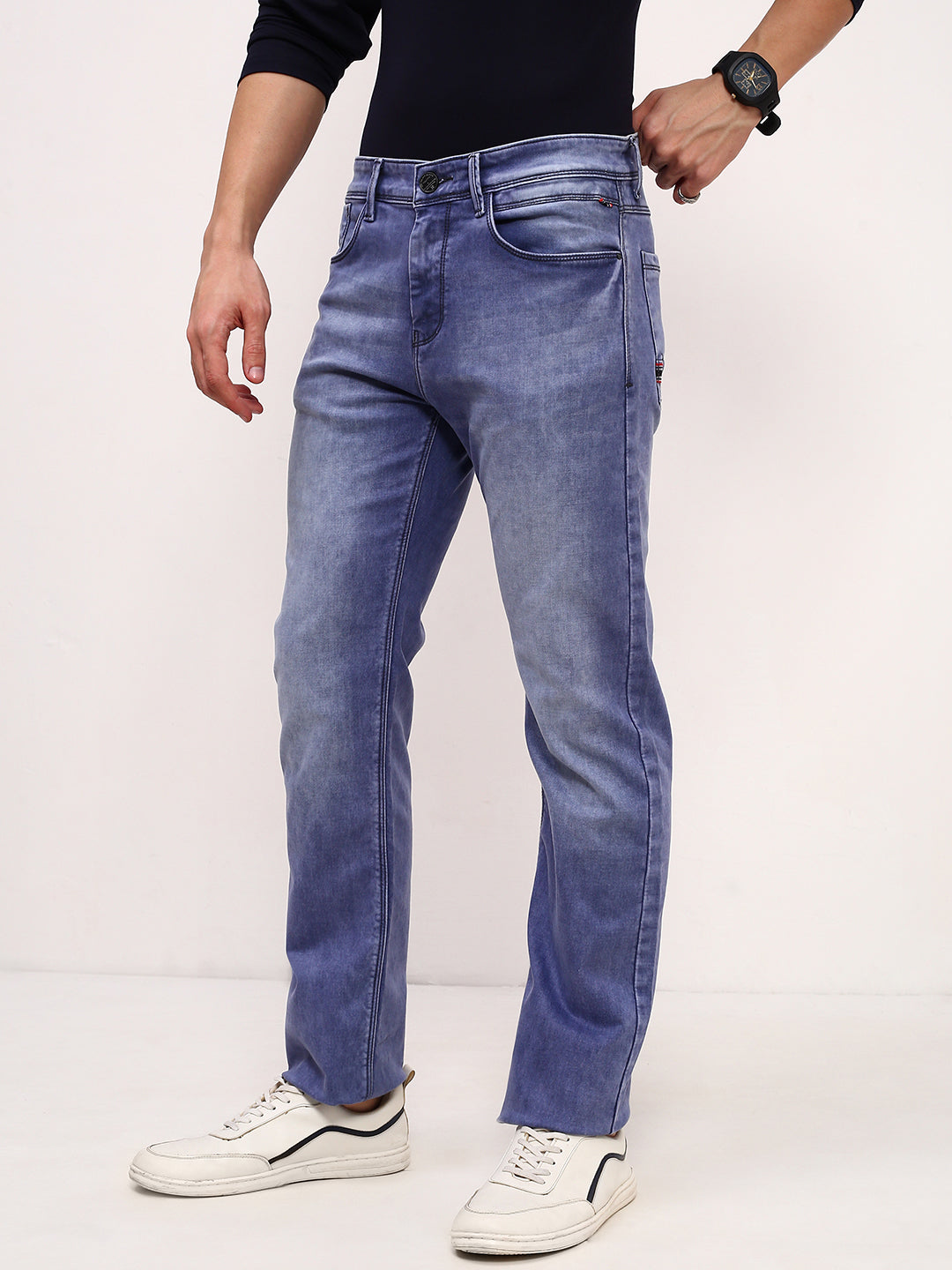 Men's Blue Solid Straight Fit Low-Rise Stretchable Jeans