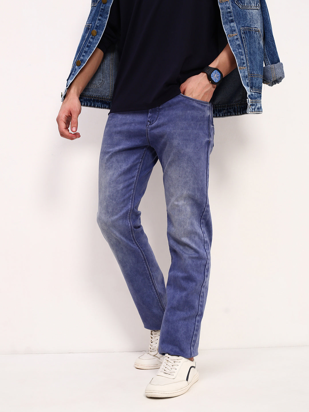 Men's Blue Solid Straight Fit Low-Rise Heavy Fade Acid Wash Stretchable Jeans