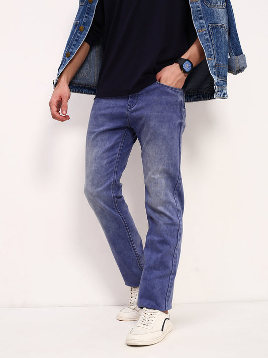 Men's Blue Solid Straight Fit Low-Rise Heavy Fade Acid Wash Stretchable Jeans