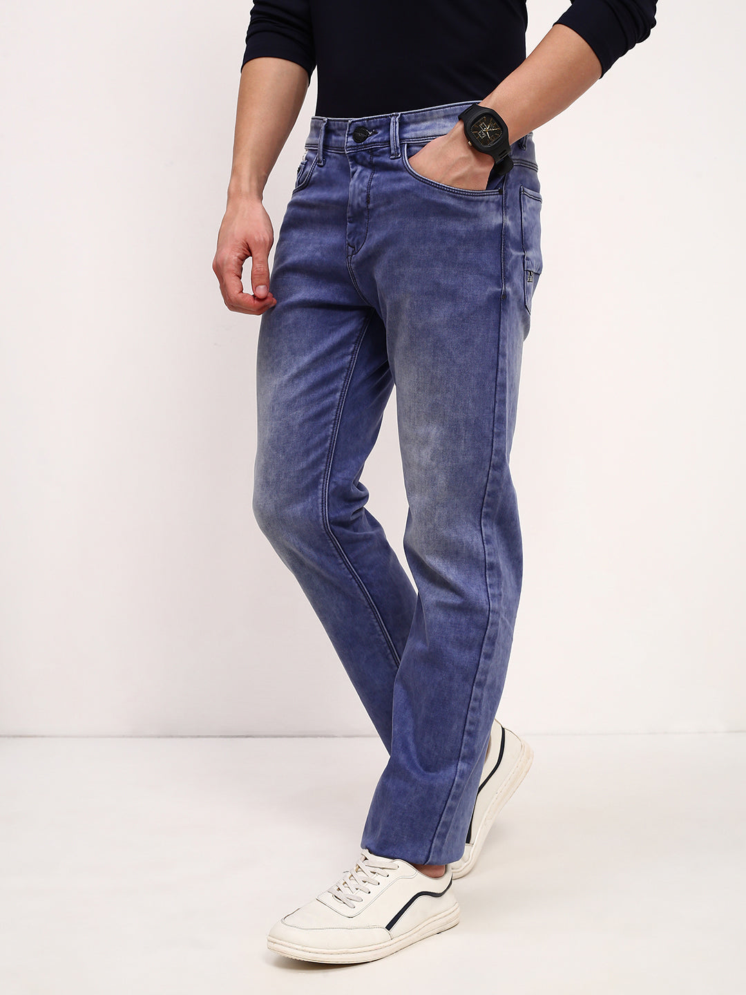 Men's Blue Solid Straight Fit Low-Rise Heavy Fade Acid Wash Stretchable Jeans