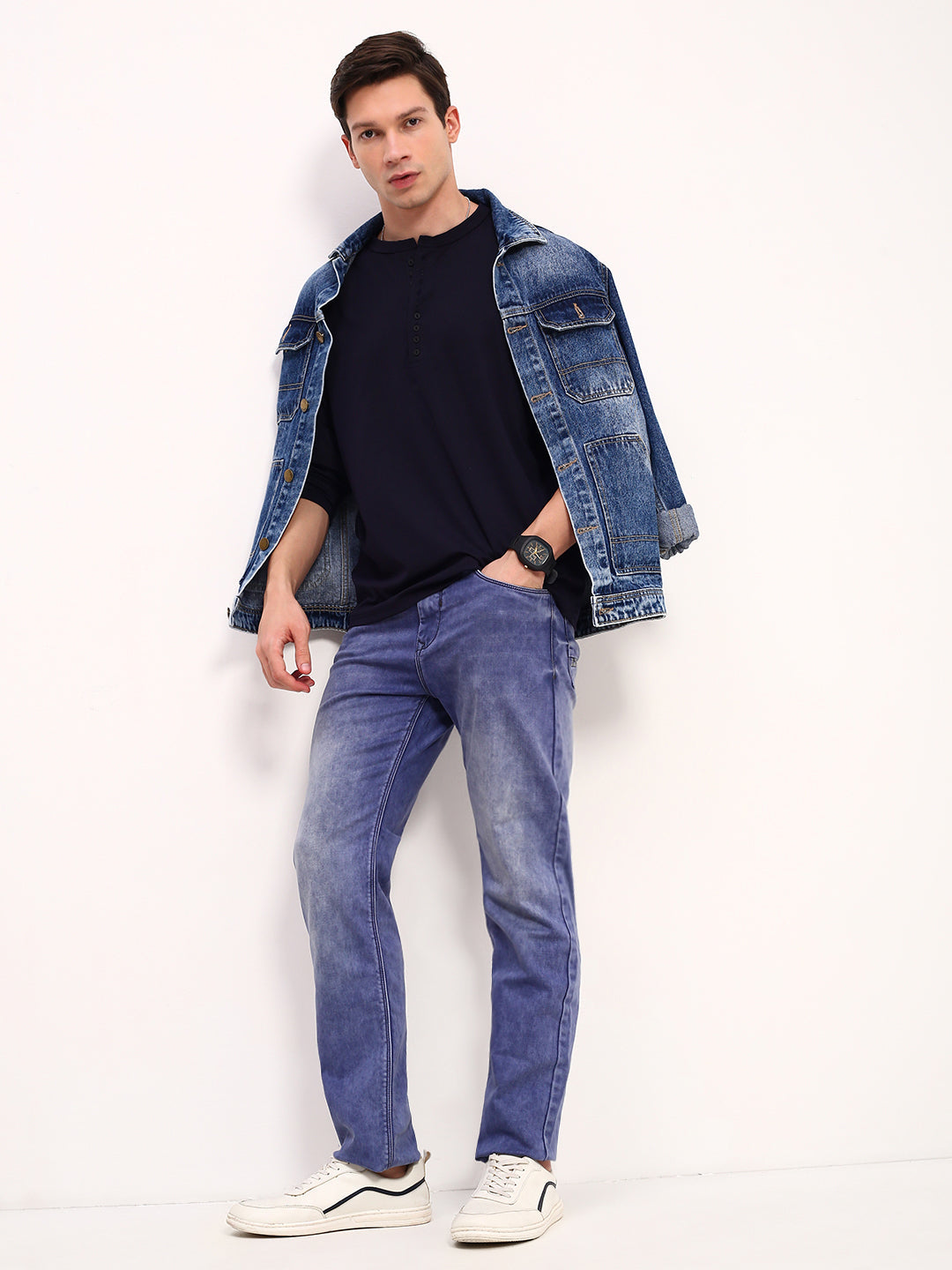 Men's Blue Solid Straight Fit Low-Rise Heavy Fade Acid Wash Stretchable Jeans