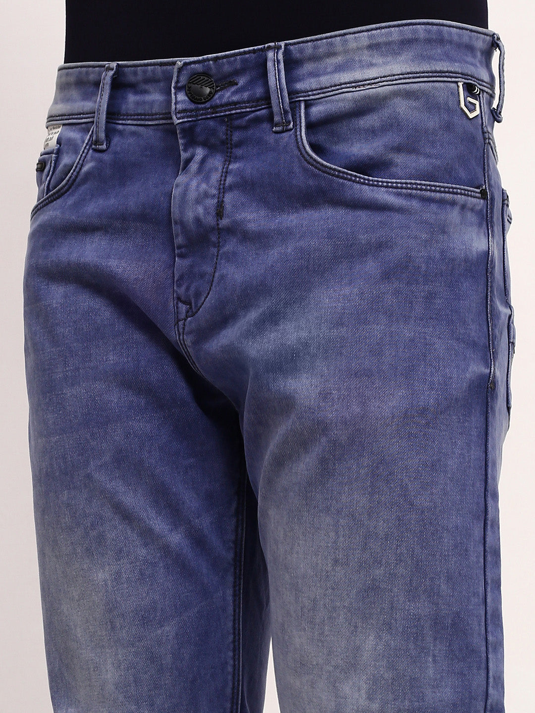 Men's Blue Solid Straight Fit Low-Rise Heavy Fade Acid Wash Stretchable Jeans