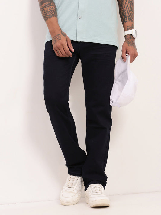 Men's Navy Blue Comfort Straight Fit Low-Rise Acid Wash Stretchable Jeans