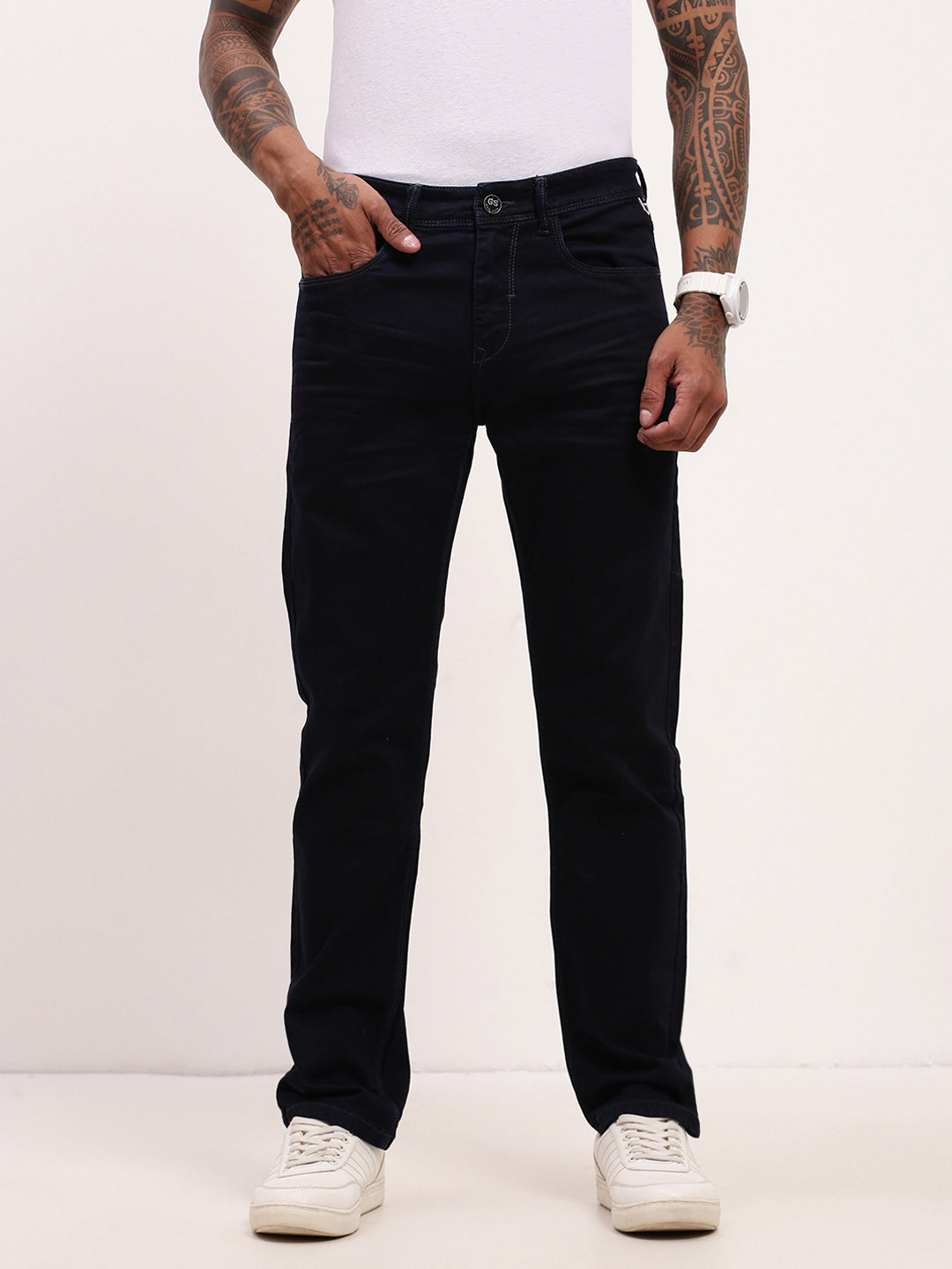 Men's Navy Blue Comfort Straight Fit Low-Rise Acid Wash Stretchable Jeans