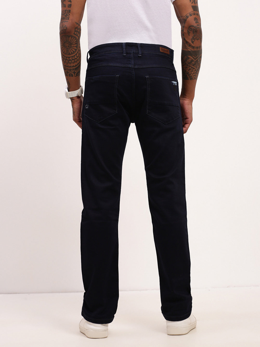 Men's Navy Blue Comfort Straight Fit Low-Rise Acid Wash Stretchable Jeans