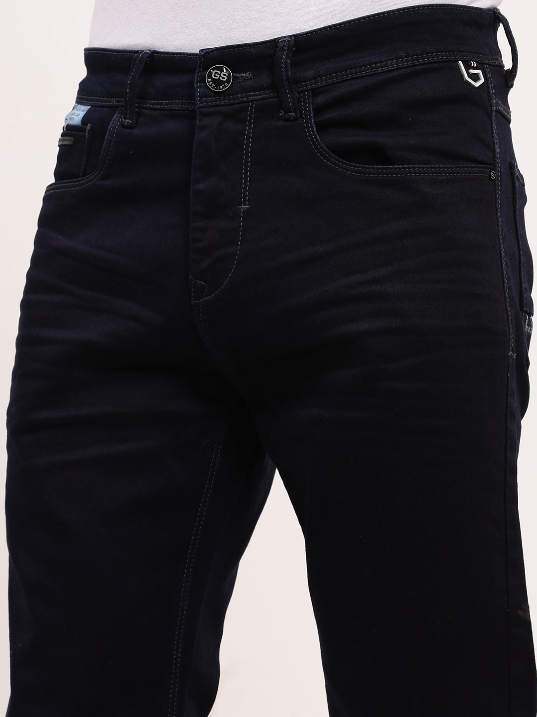 Men's Navy Blue Comfort Straight Fit Low-Rise Acid Wash Stretchable Jeans