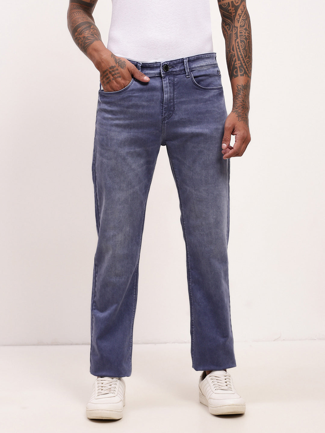 Men's Blue Comfort Solid Straight Fit Jeans