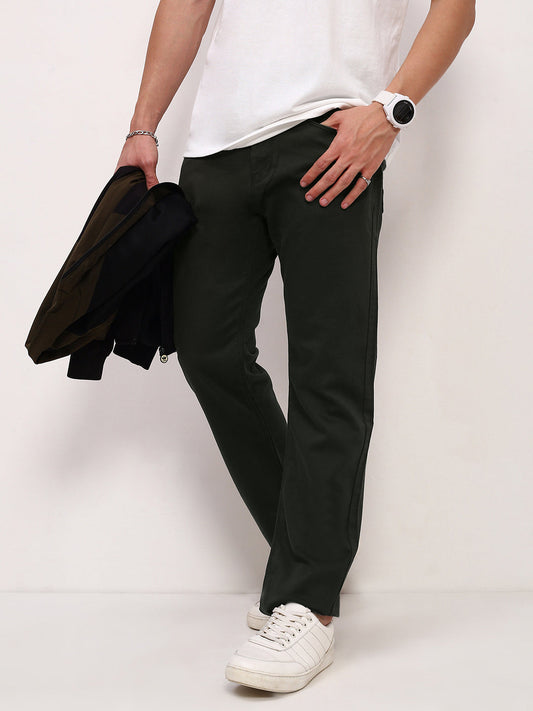 Men's Olive Solid Straight Fit Jeans