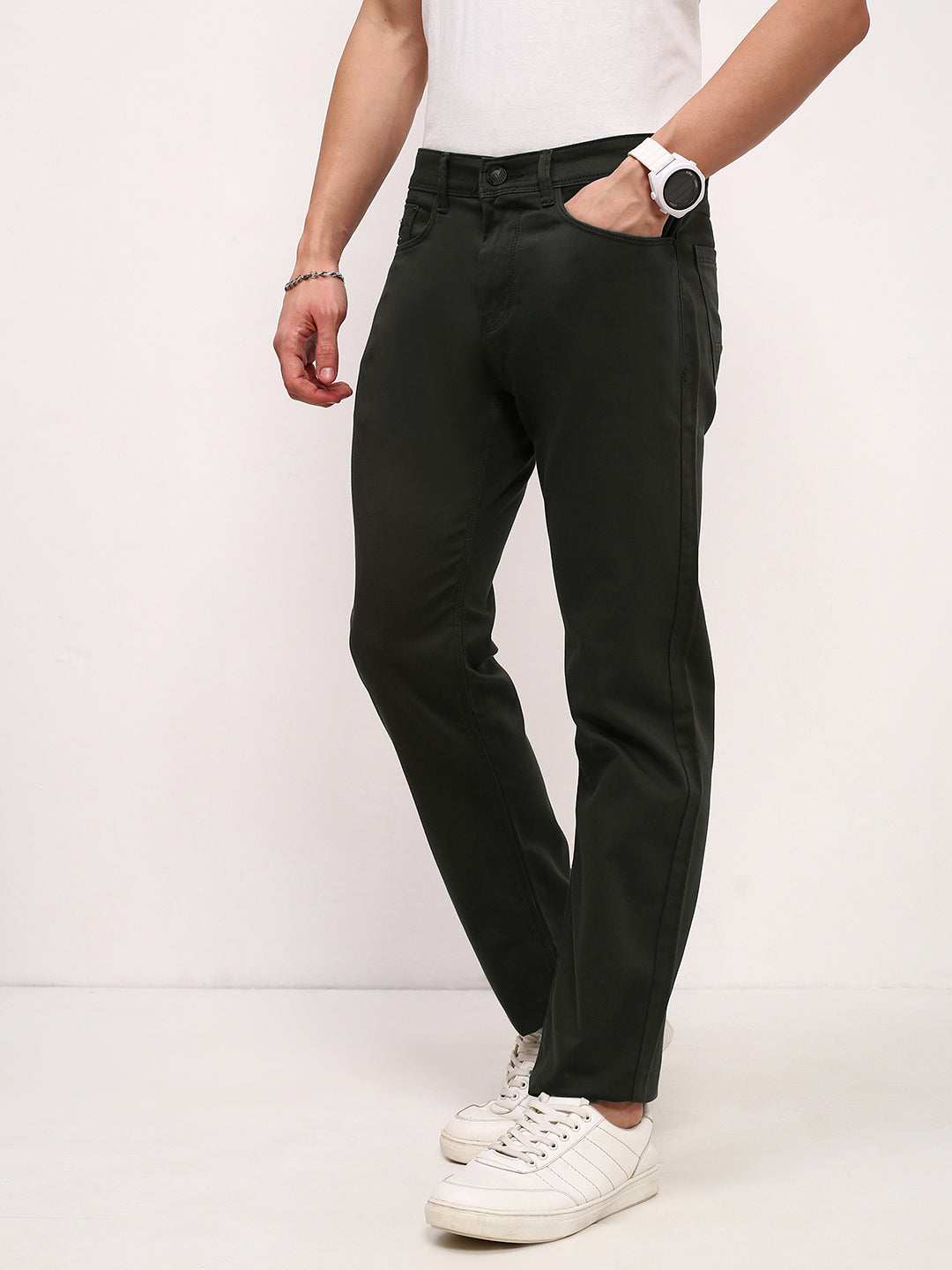 Men's Olive Solid Straight Fit Jeans