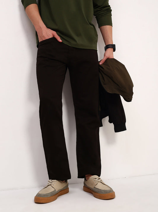 Men's Brown Solid Straight Fit Jeans