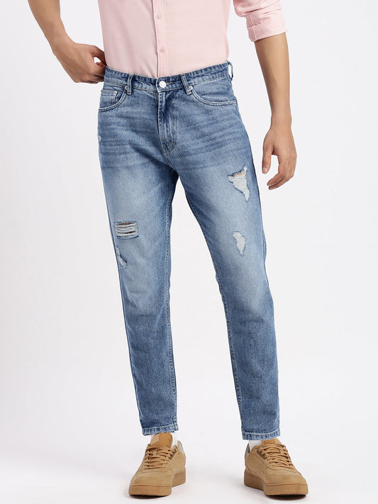 Men's Blue Comfort Low-Rise Mildly Distressed Heavy Fade Acid Wash Jeans