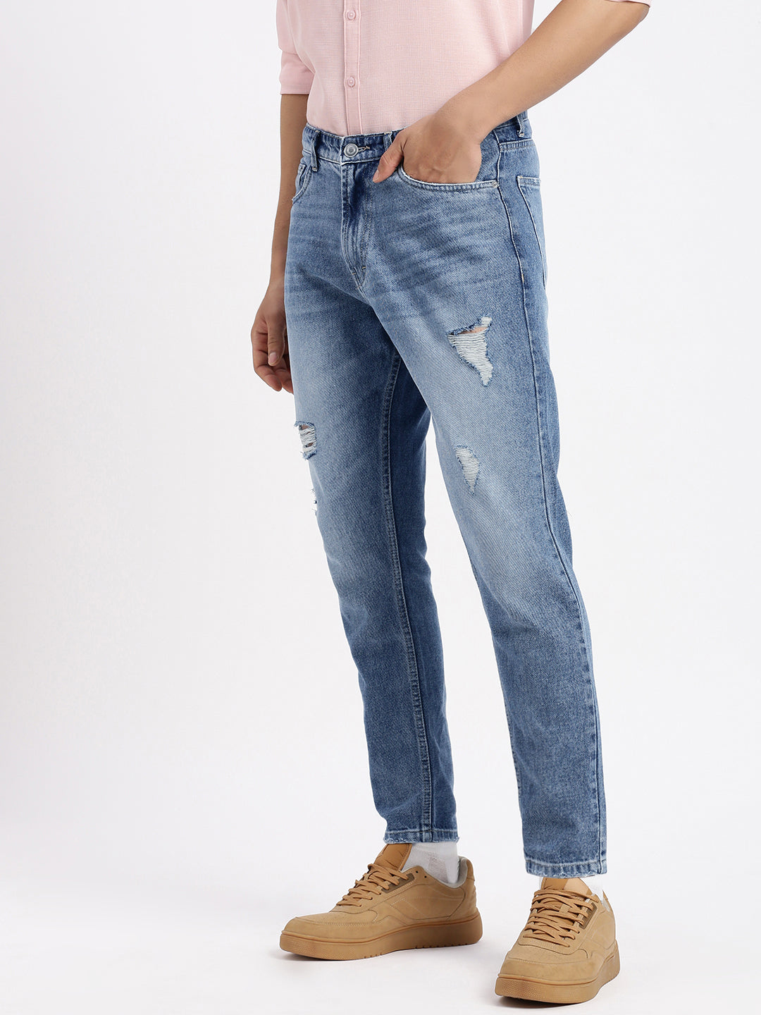 Men's Blue Comfort Low-Rise Mildly Distressed Heavy Fade Acid Wash Jeans
