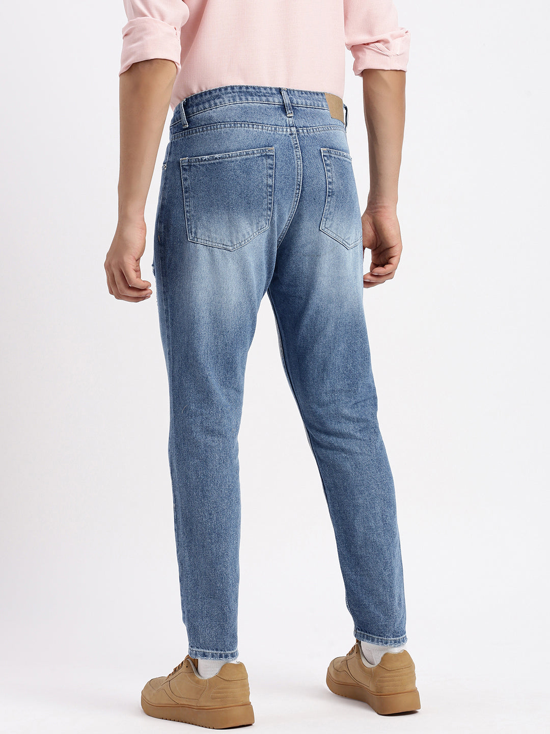 Men's Blue Comfort Low-Rise Mildly Distressed Heavy Fade Acid Wash Jeans