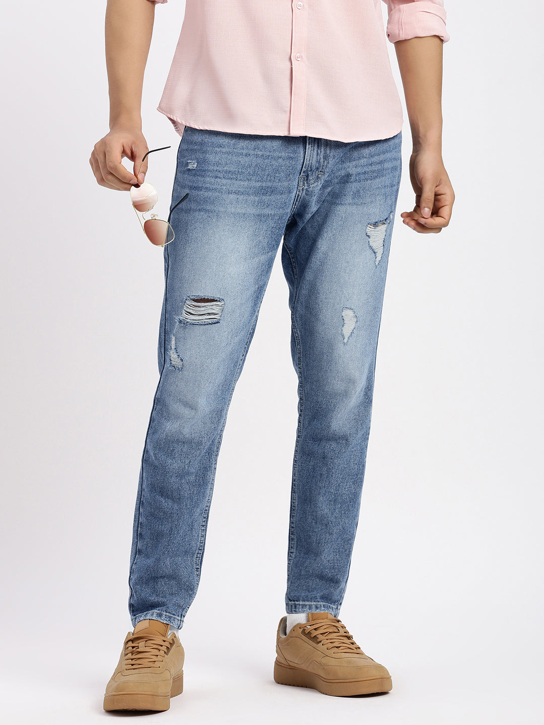 Men's Blue Comfort Low-Rise Mildly Distressed Heavy Fade Acid Wash Jeans