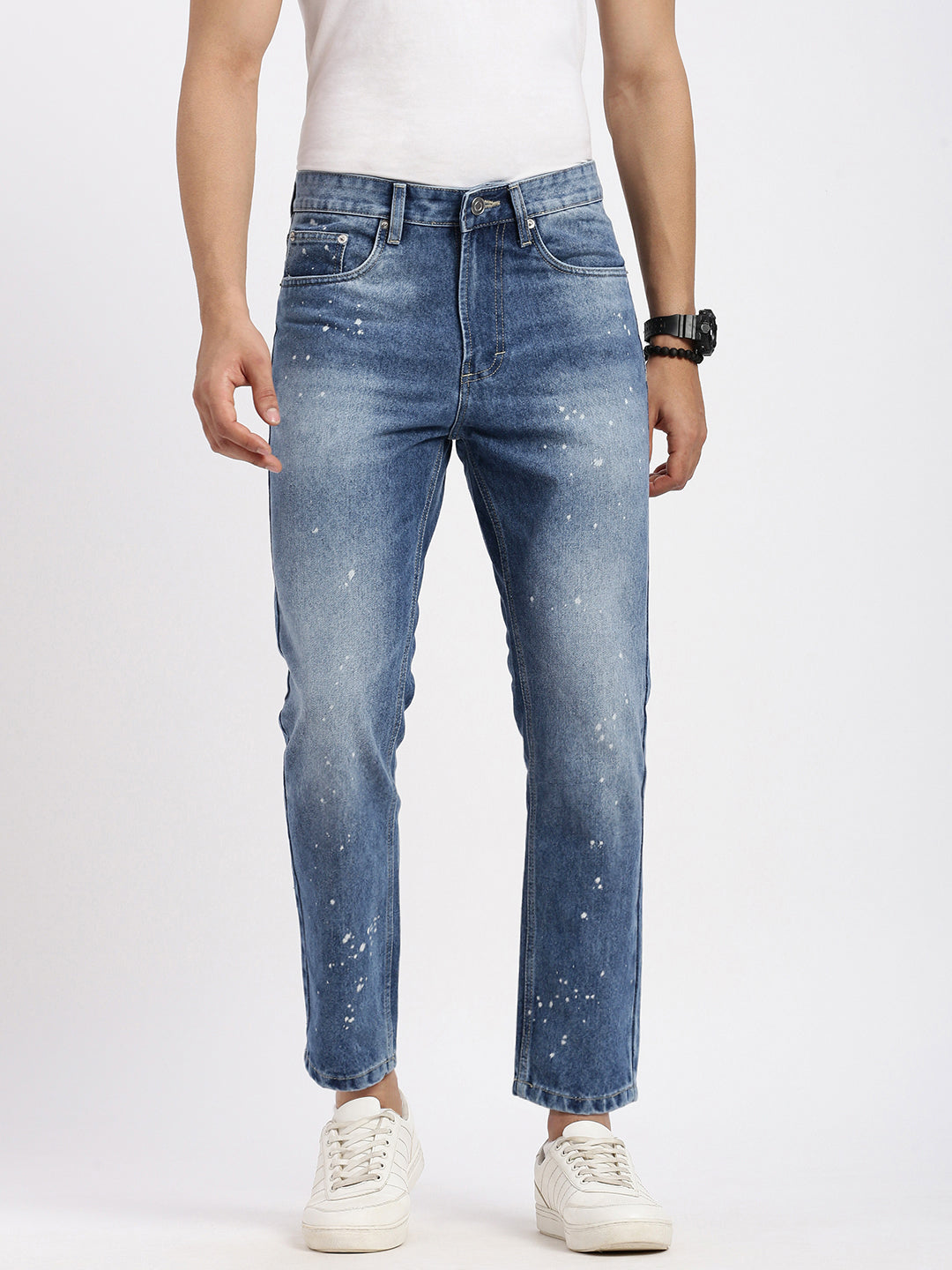 Men's Blue Comfort Low-Rise Heavy Fade Bleached Jeans