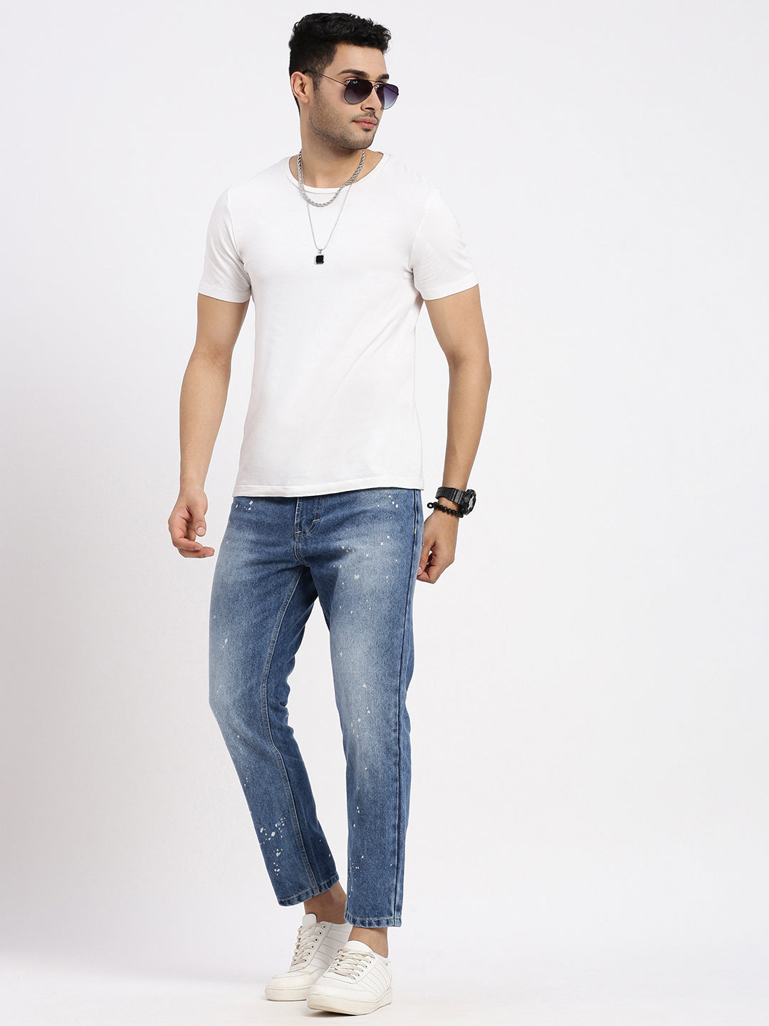 Men's Blue Comfort Low-Rise Heavy Fade Bleached Jeans