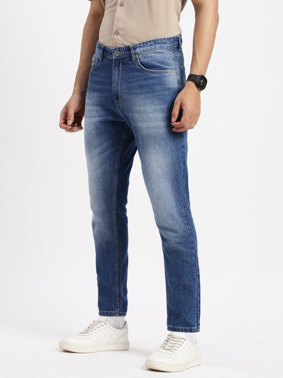 Men's Blue Comfort Low-Rise Casual Heavy Fade Acid Wash Jeans