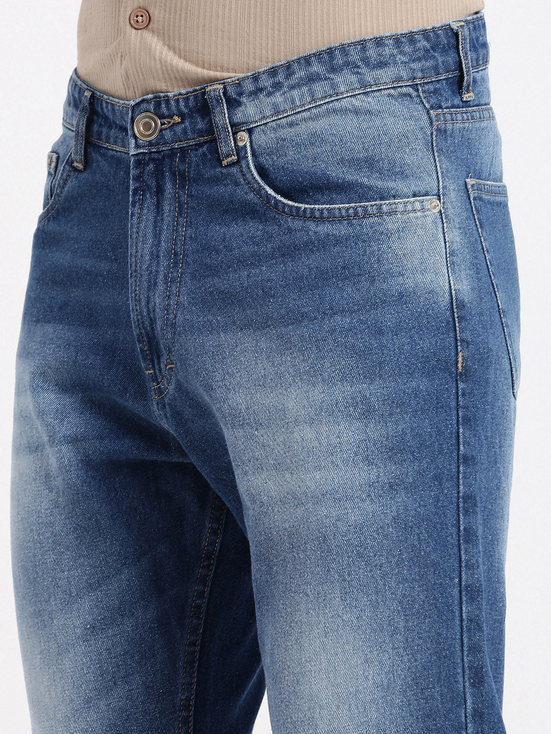 Men's Blue Comfort Low-Rise Casual Heavy Fade Acid Wash Jeans