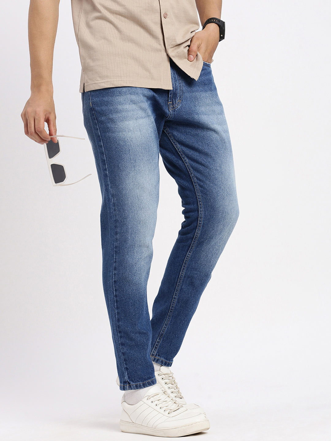 Men's Blue Comfort Low-Rise Casual Heavy Fade Acid Wash Jeans