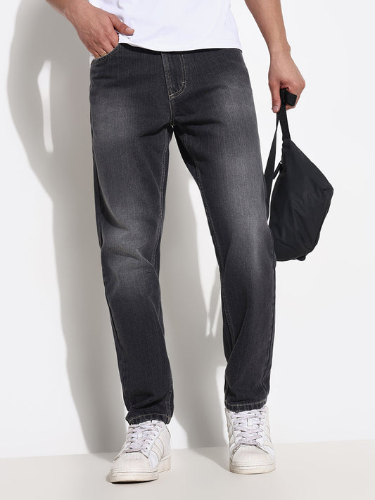 Men's Grey Slim Fit Heavy Fade Acid Wash Jeans