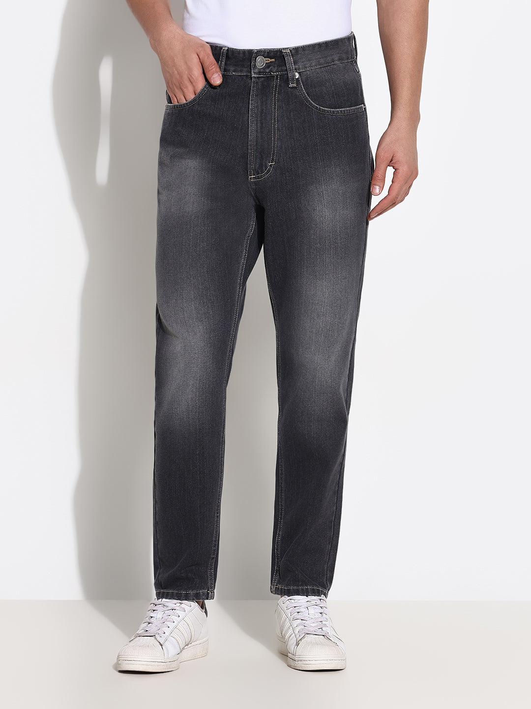Men's Grey Slim Fit Heavy Fade Acid Wash Jeans
