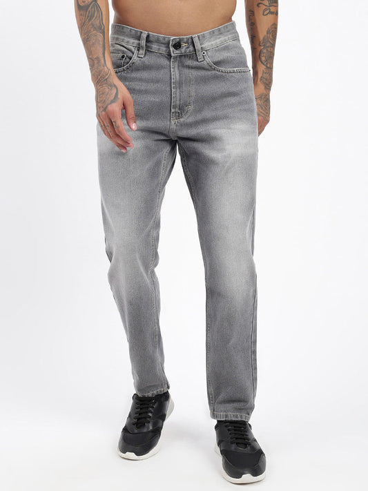 Men's Grey Slim Fit Cropped Light Fade Jeans