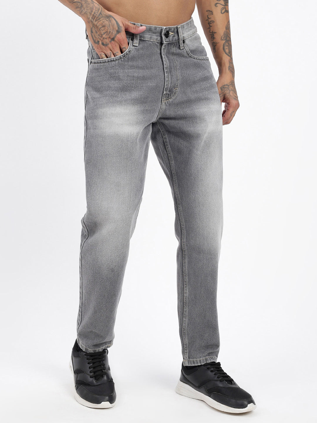 Men's Grey Slim Fit Cropped Light Fade Jeans