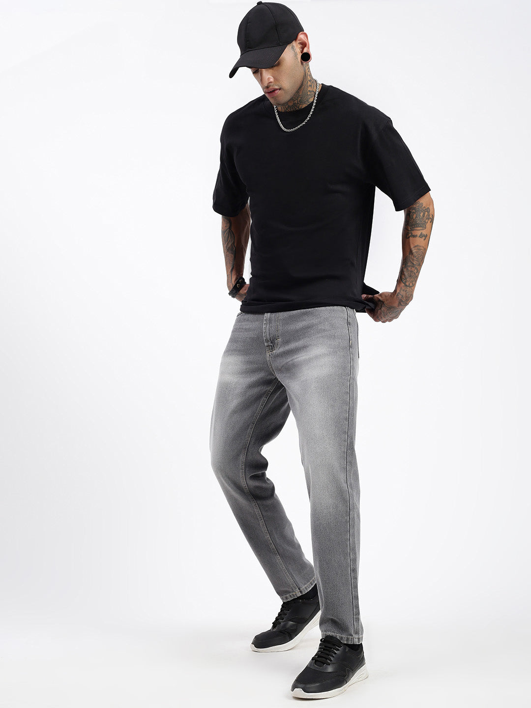Men's Grey Slim Fit Cropped Light Fade Jeans