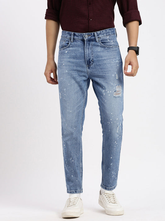 Men's Blue Comfort Mid-Rise Low Distress Heavy Fade Bleached Jeans