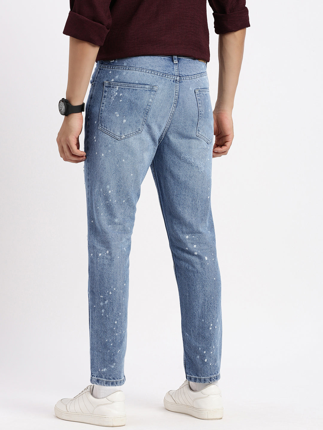 Men's Blue Comfort Mid-Rise Low Distress Heavy Fade Bleached Jeans