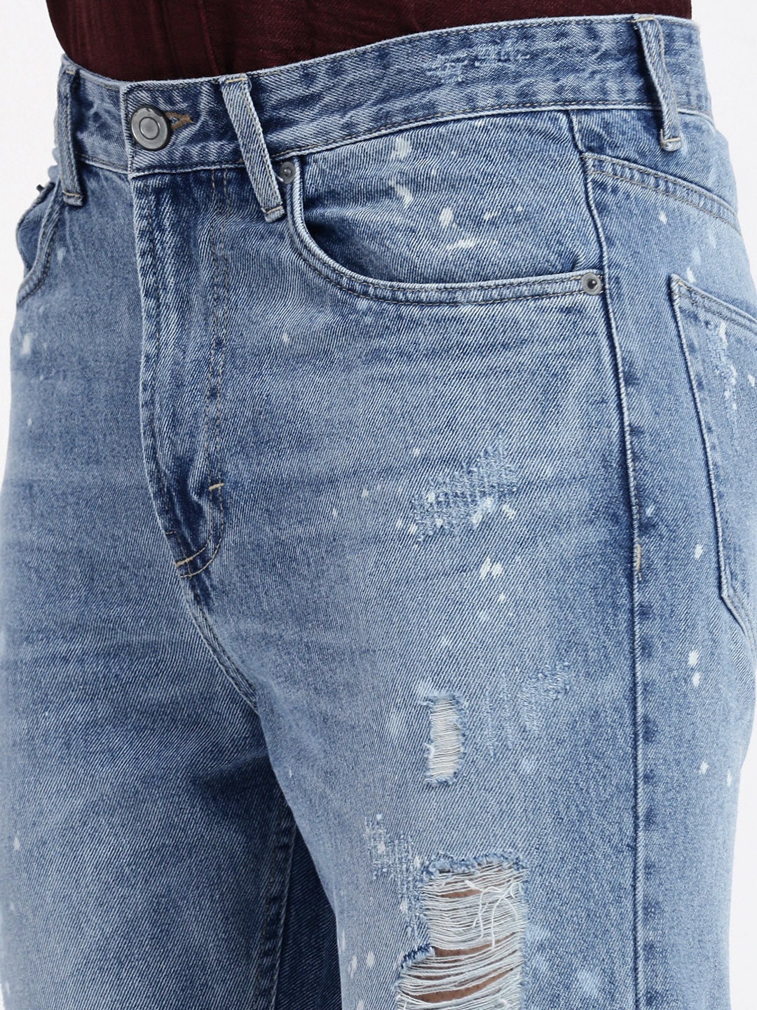 Men's Blue Comfort Mid-Rise Low Distress Heavy Fade Bleached Jeans