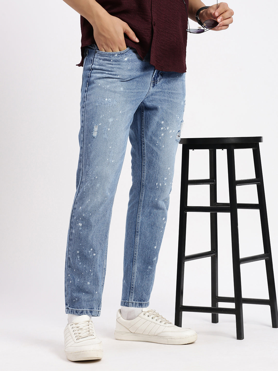Men's Blue Comfort Mid-Rise Low Distress Heavy Fade Bleached Jeans