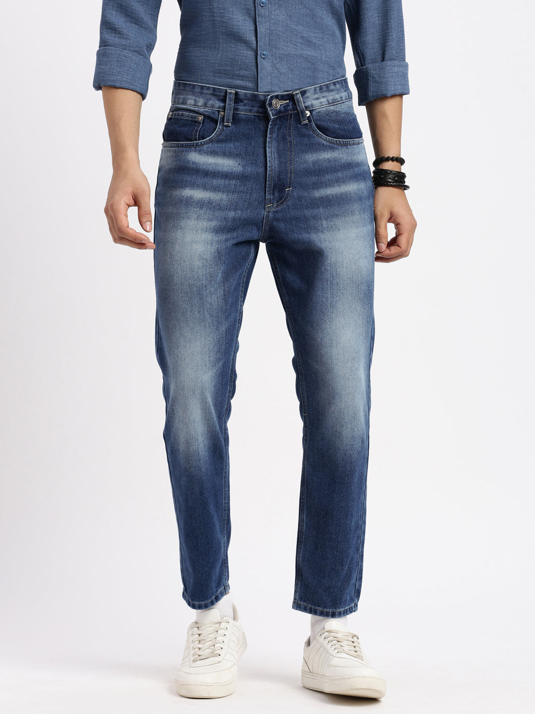 Men's Blue Comfort Low-Rise Heavy Fade Acid Wash Denim Jeans