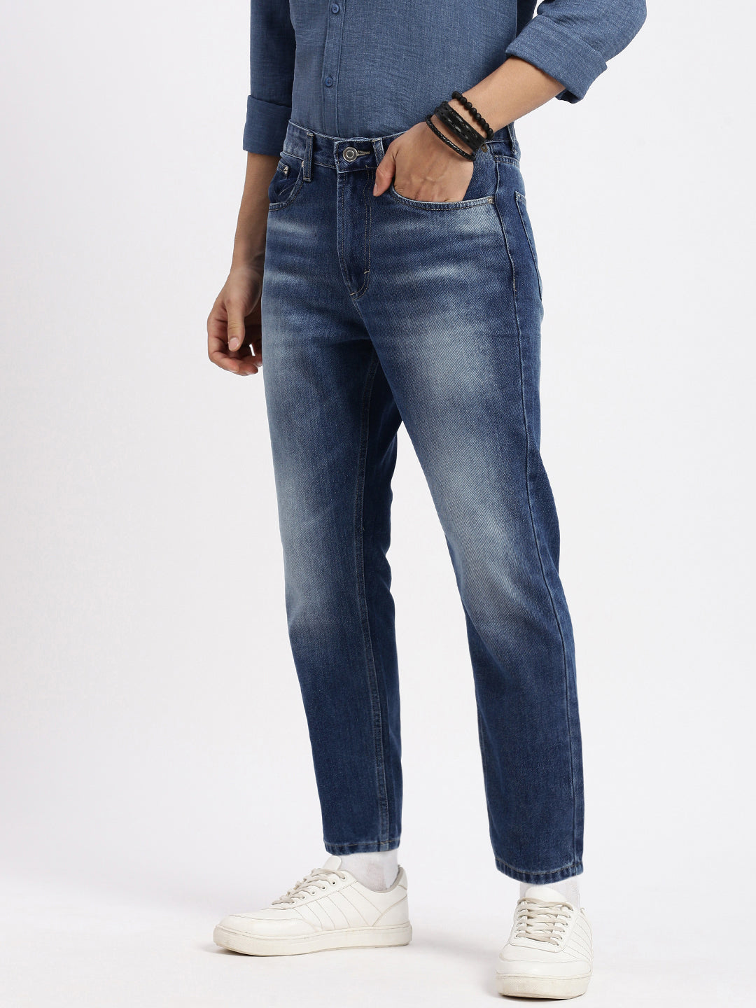Men's Blue Comfort Low-Rise Heavy Fade Acid Wash Denim Jeans