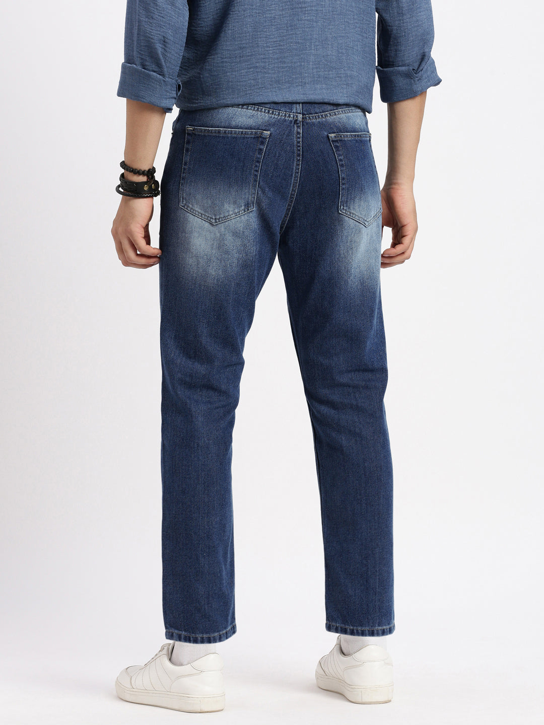 Men's Blue Comfort Low-Rise Heavy Fade Acid Wash Denim Jeans