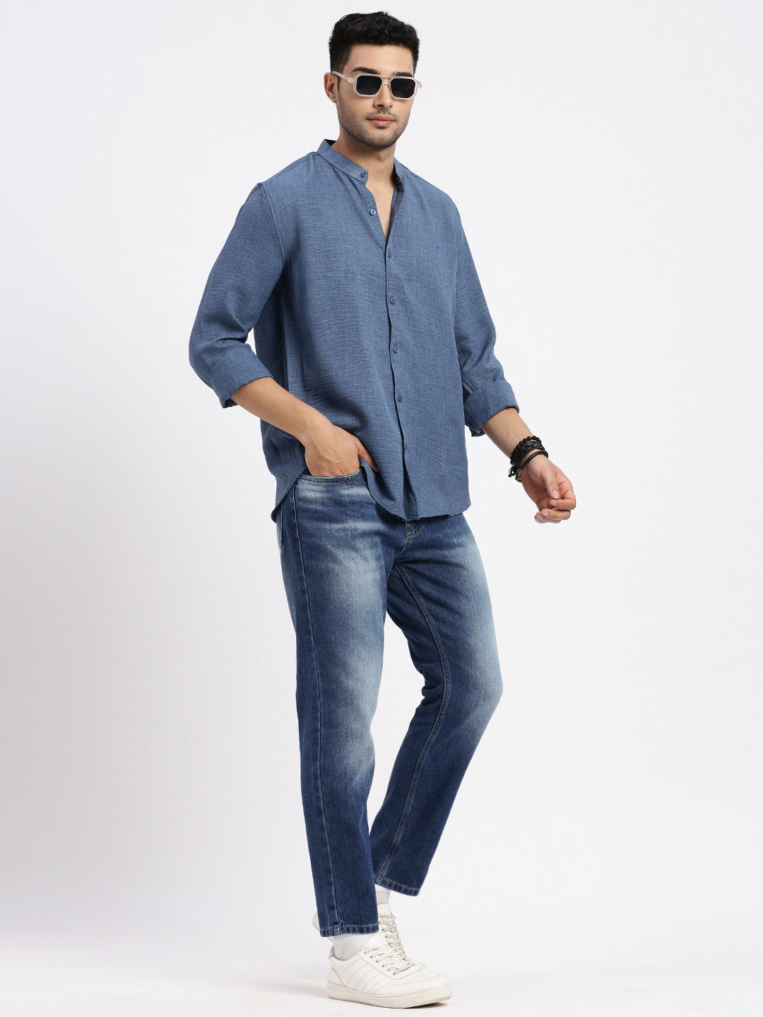 Men's Blue Comfort Low-Rise Heavy Fade Acid Wash Denim Jeans