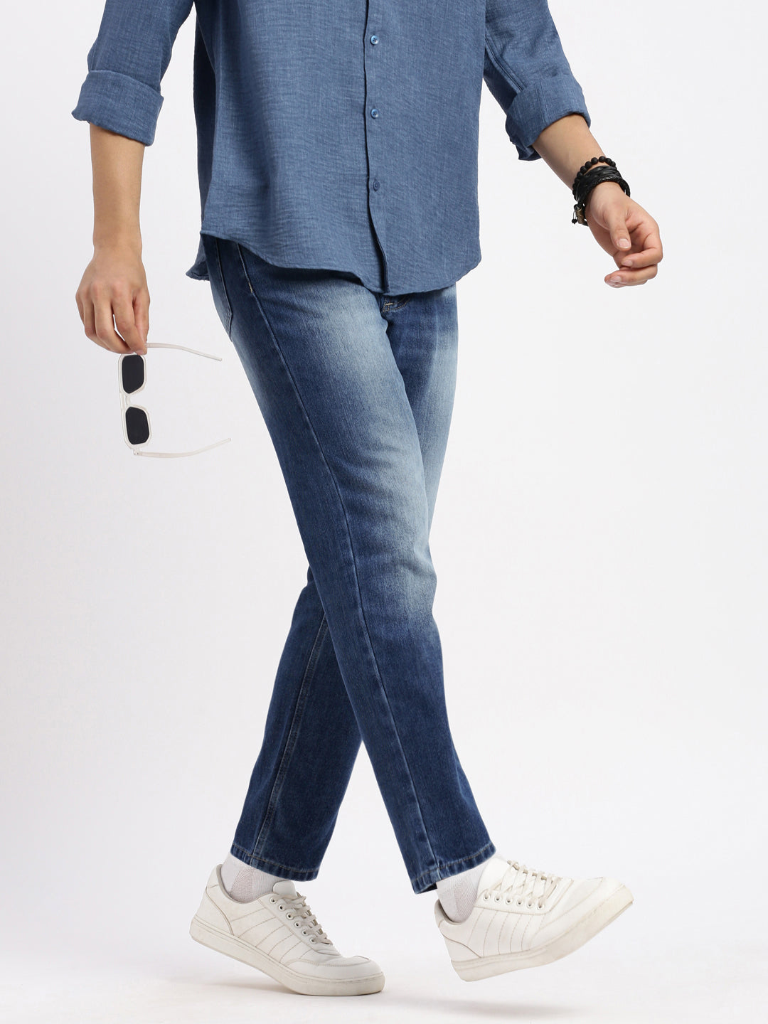 Men's Blue Comfort Low-Rise Heavy Fade Acid Wash Denim Jeans